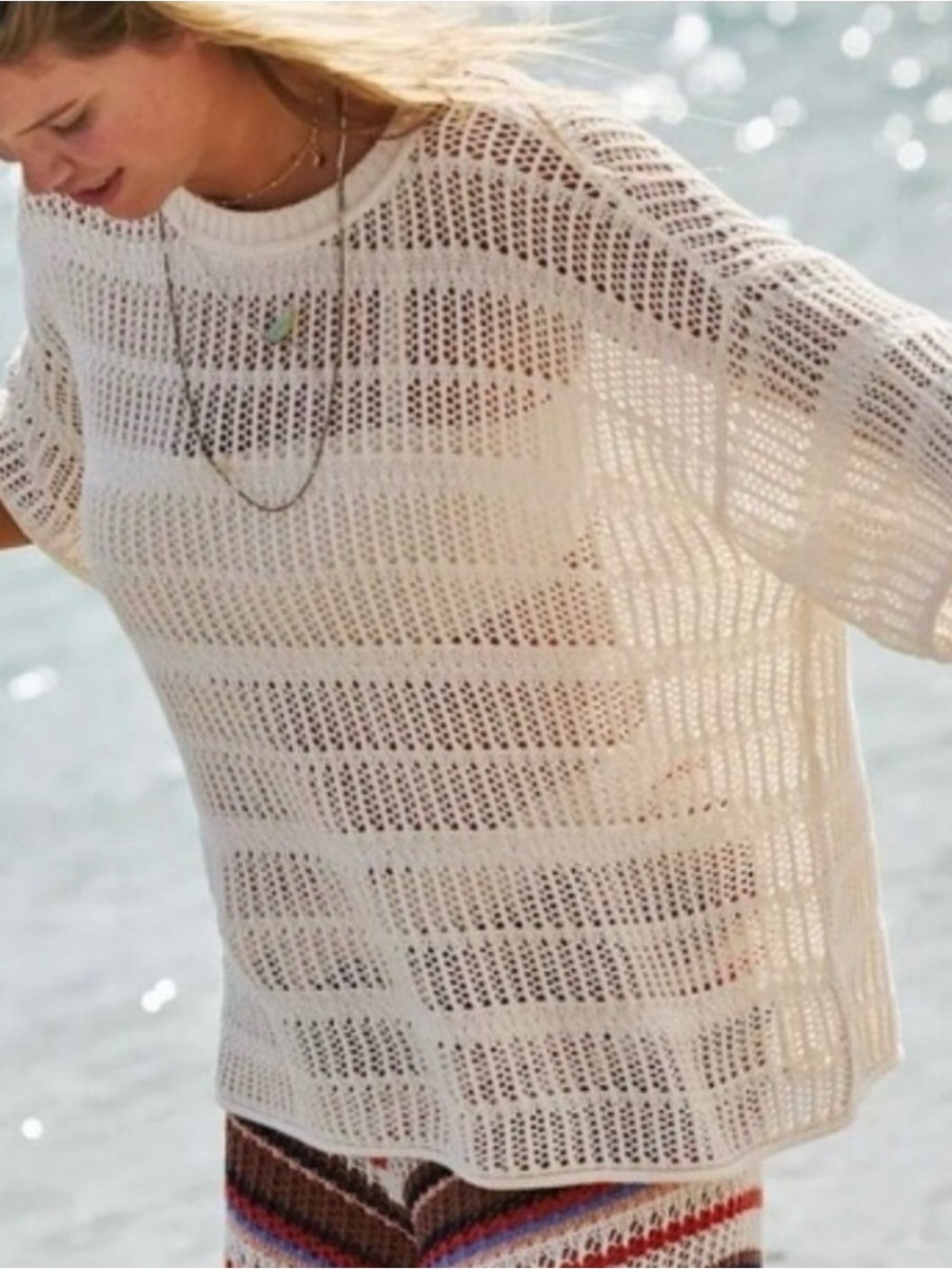 aerie Open-Knit Cream Scoop Neck Sweater